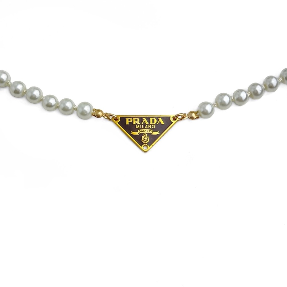 Authentic Prada Repurposed Small Gold Mocha Triangle Logo Pearl Necklace